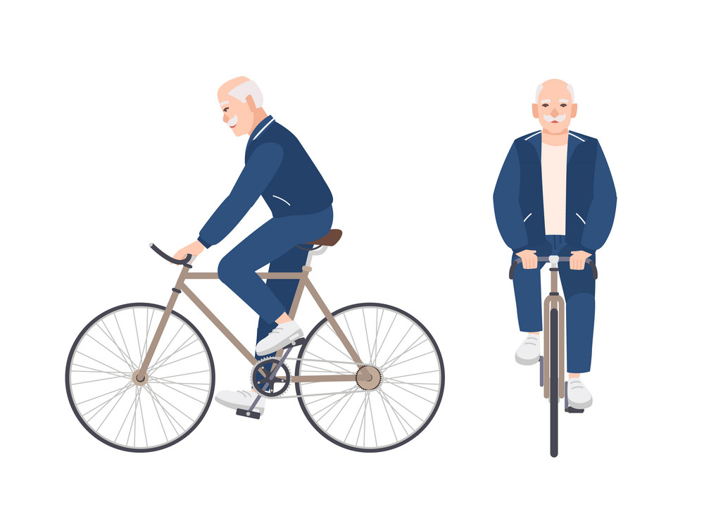 old-man-dressed-in-sport-clothing-riding-bike-flat-male-cartoon-character-on-bicycle-pedaling-elderly-cyclist-or-bicyclist-isolated-on-white-background-front-and-side-views-vector-illustration