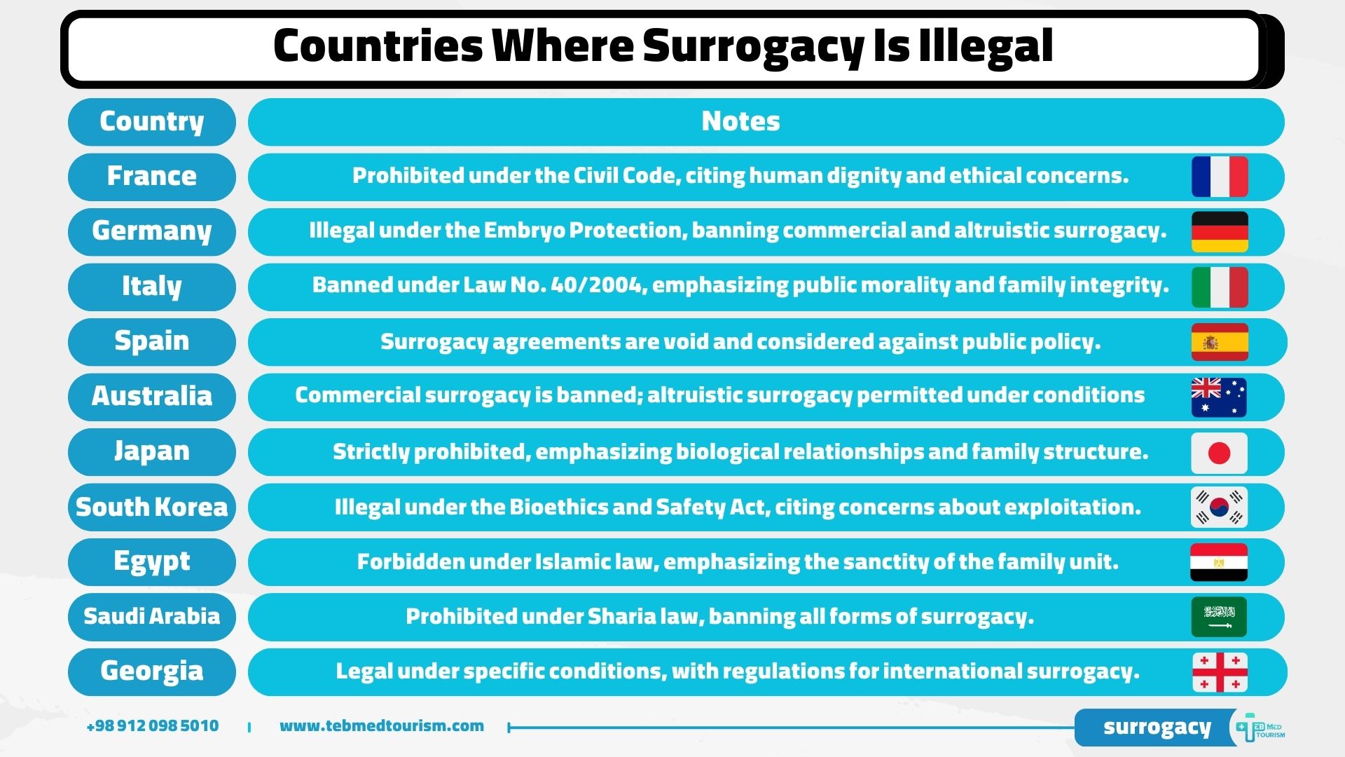 Countries Where Surrogacy Is Illegal" listing countries and their respective notes about surrogacy laws. The table includes France, Germany, Italy, Spain, Australia, Japan, South Korea, Egypt, Saudi Arabia, and Georgia, with concise descriptions of each country's restrictions or conditions on surrogacy. The table is color-coded with a clear layout, featuring country flags for easy identification.