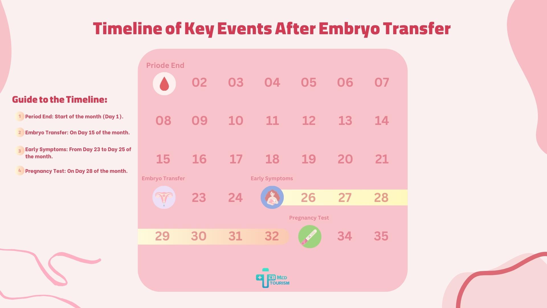 A timeline of key events after embryo transfer, including period end, embryo transfer, early symptoms, and pregnancy test.