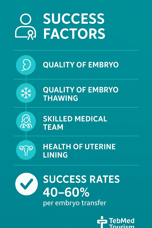 Frozen embryo transfer success rate is generally high, with clinical pregnancy rates of 60%–70% per cycle and live birth rates often higher than those from fresh embryo transfers.
