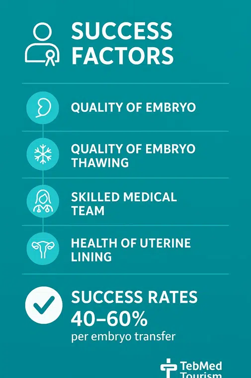 Frozen embryo transfer success rate is generally high, with clinical pregnancy rates of 60%–70% per cycle and live birth rates often higher than those from fresh embryo transfers.