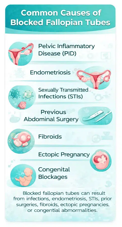 What are the most important causes of the blockage of the fallopian tubes?