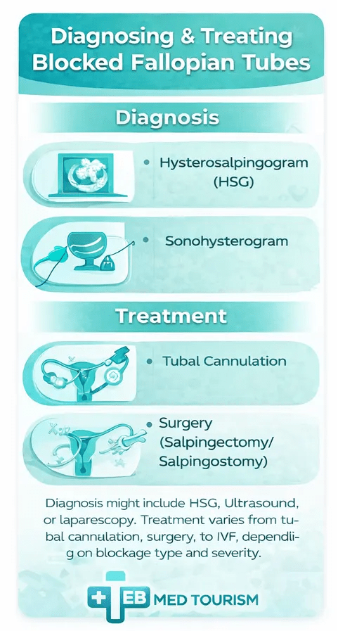 How can we diagnose the blockage of the fallopian tubes?