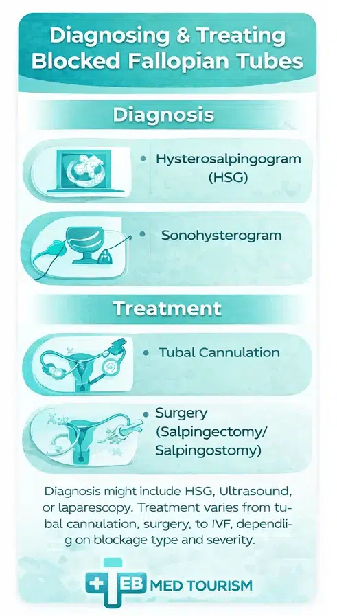 How can we diagnose the blockage of the fallopian tubes?