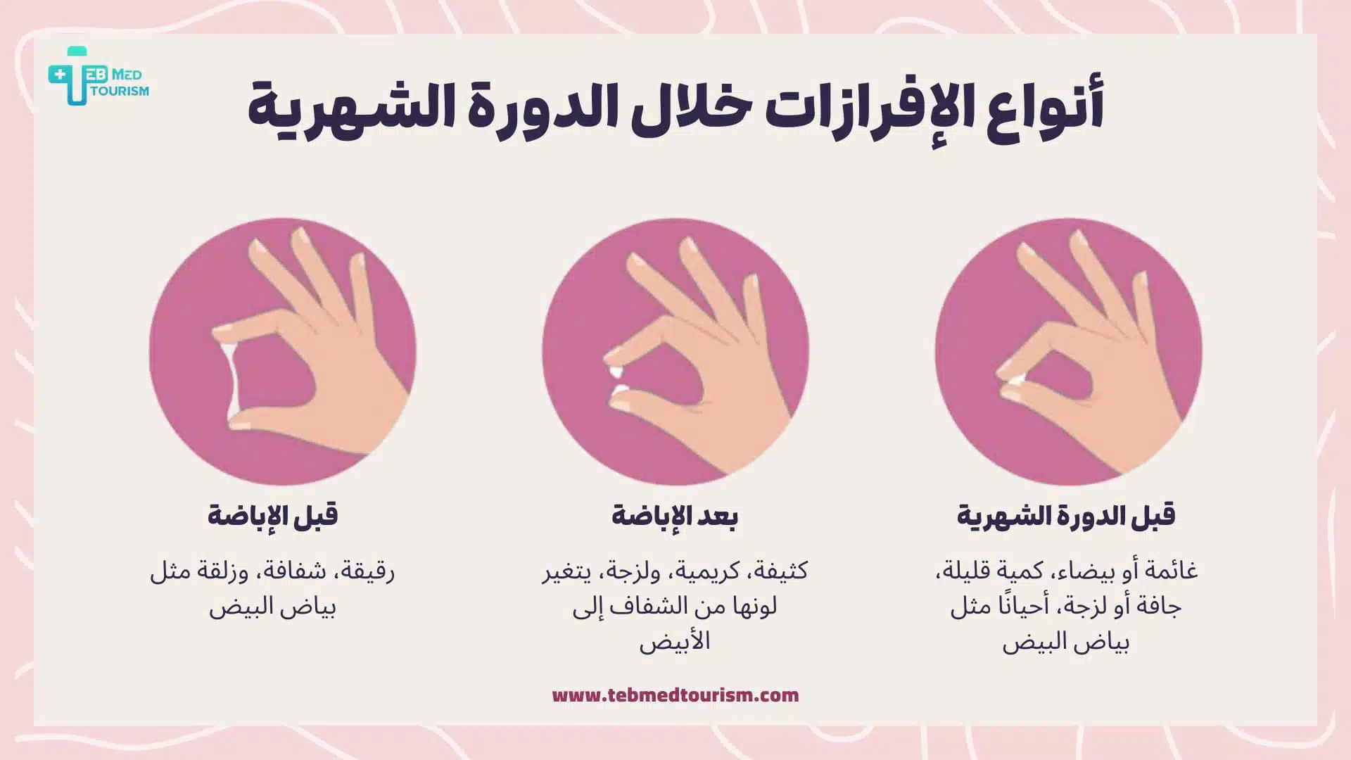 صورة توضيحية تعرض أنواع الإفرازات المهبلية خلال الدورة الشهرية، موضحةً شكل وقوام الإفرازات قبل الدورة، بعد الإباضة، وقبل الإباضة.